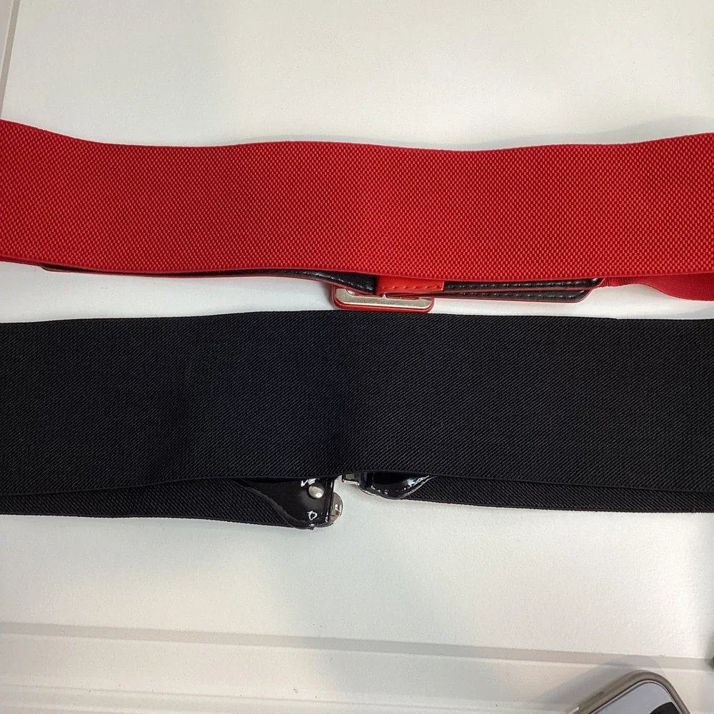 Set of 2 Wide Elastic Cinch Belts Red Patent Buckle Black Filigree Buckle 3X